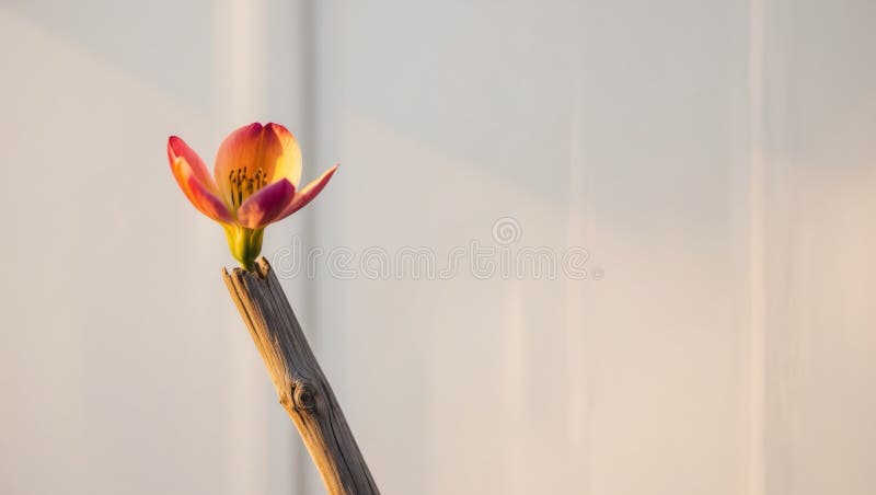 A tight shot of a flower atop a wooden stem. stock photo