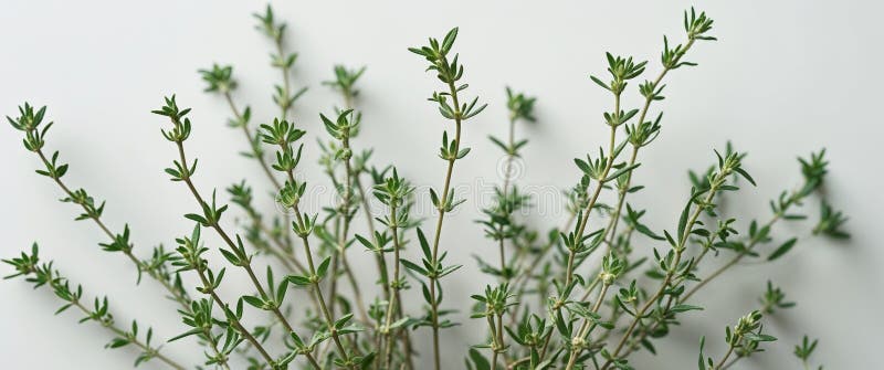 A tight shot of fresh thyme sprigs arranged. stock images