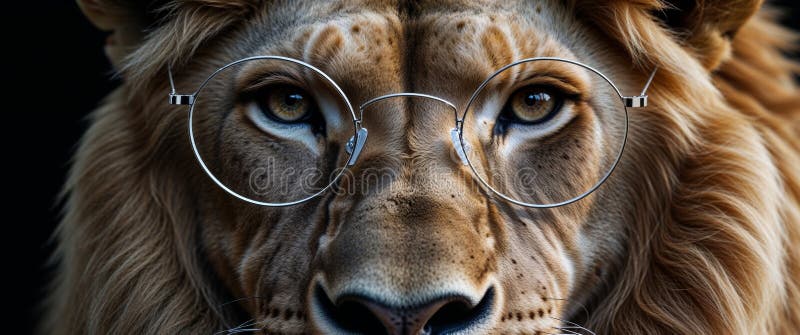 A tight shot of a lion wearing glasses Black backdrop stock image