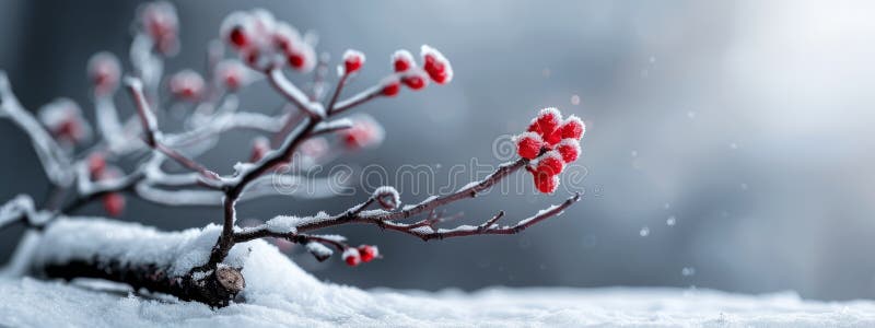 A tight shot of a small tree, its branches laden with red berries contrasting against the winter backdrop Snow blankets the vector illustration