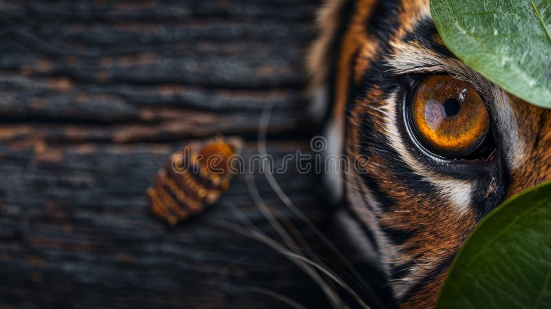 A tight shot of a tiger's eye beside a green leaf stock photo