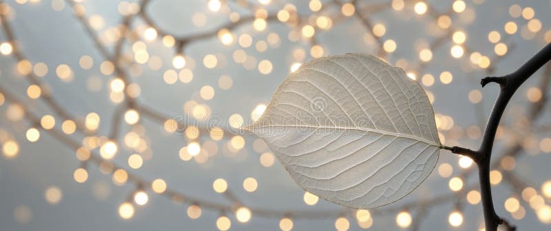 A tight shot of a tree leaf with lights in the background. stock image
