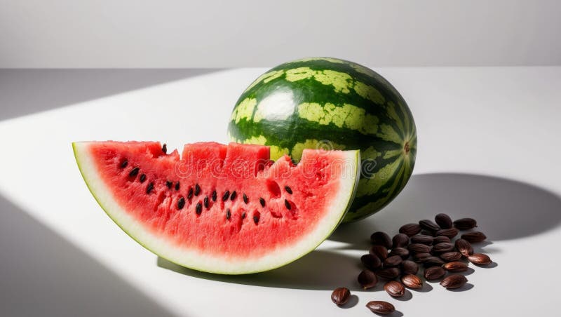 A tight shot of a watermelon slice next to a seeded piece. royalty free stock photos