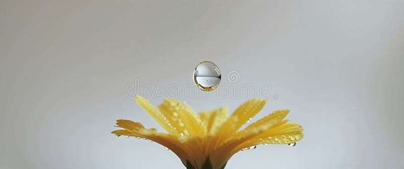 A tight shot of a yellow flower with a dewdrop in its center. royalty free stock photos