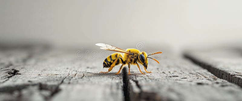 A tight shot of a yellow insect on a textured wood. royalty free stock photos