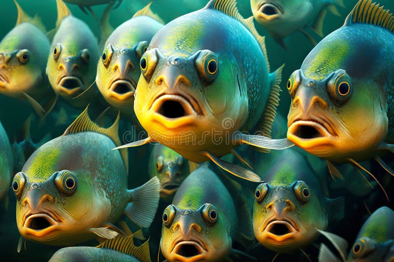 Tightly huddled in pack of predatory piranhas swim to hunt, created with generative ai