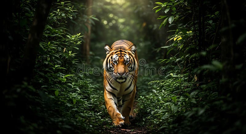 Tigre bengalí Panthera tigris avanza a través de una densa jungla. Su stock de ilustración