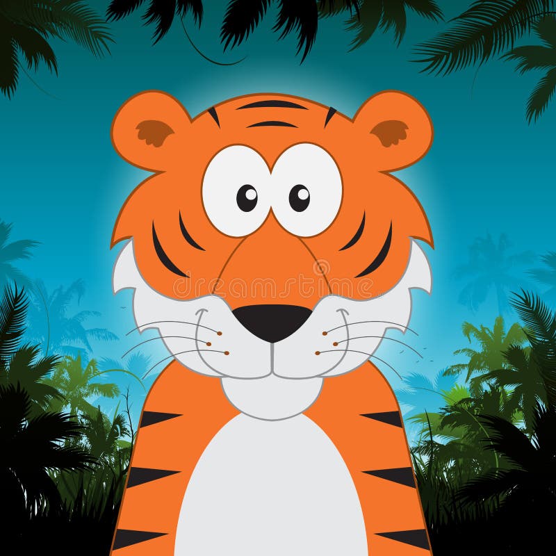 Tigre bonito dos desenhos animados na frente do fundo da selva ilustração royalty free Tigre bonito dos desenhos animados na frente do fundo da selva ilustração royalty free