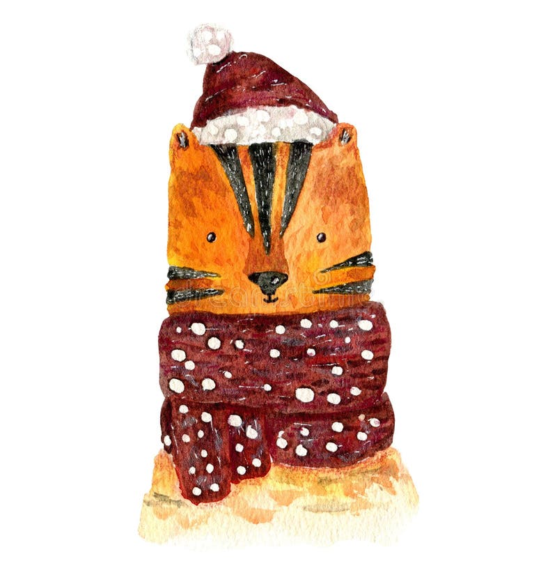 Bonito desenho animado leopardo de neve de natal, pintado à mão com  ilustração de aquarela