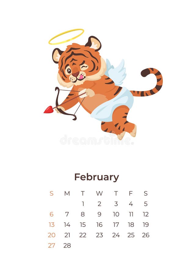 Tigre De Dibujos Animados Calendario Febrero 2022 Plantilla De Formato A4.  Ilustración del Vector - Ilustración de modelo, aislado: 233157464
