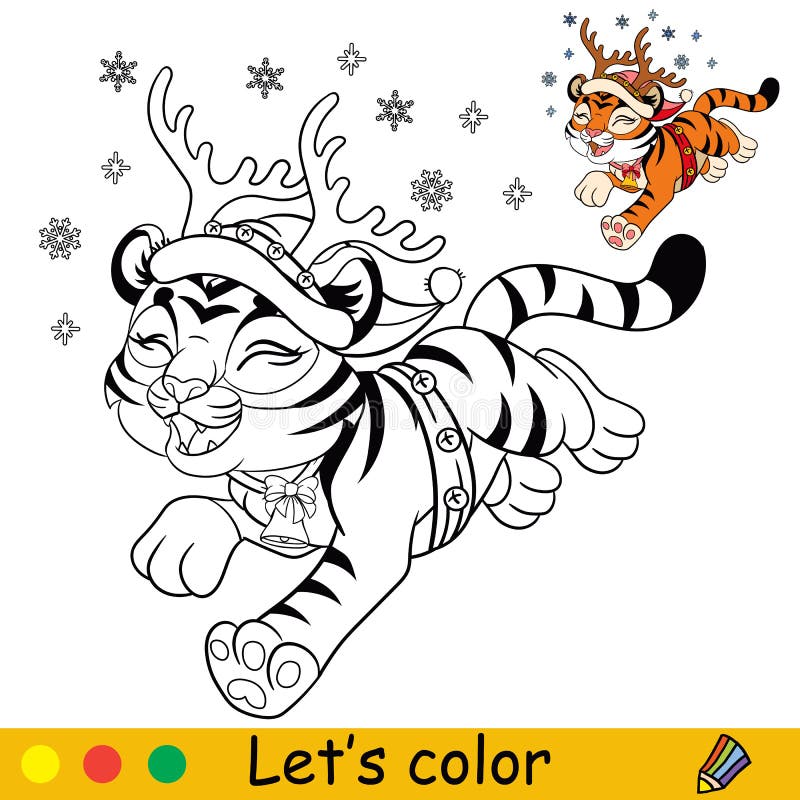 Desenho para colorir com tigre bonito, árvore de Natal e papagaio