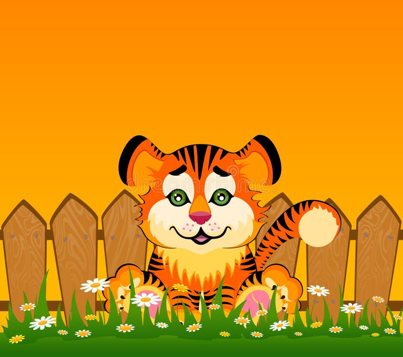 Tigre de sorriso dos desenhos animados após uma cerca ilustração royalty free Tigre de sorriso dos desenhos animados após uma cerca ilustração royalty free