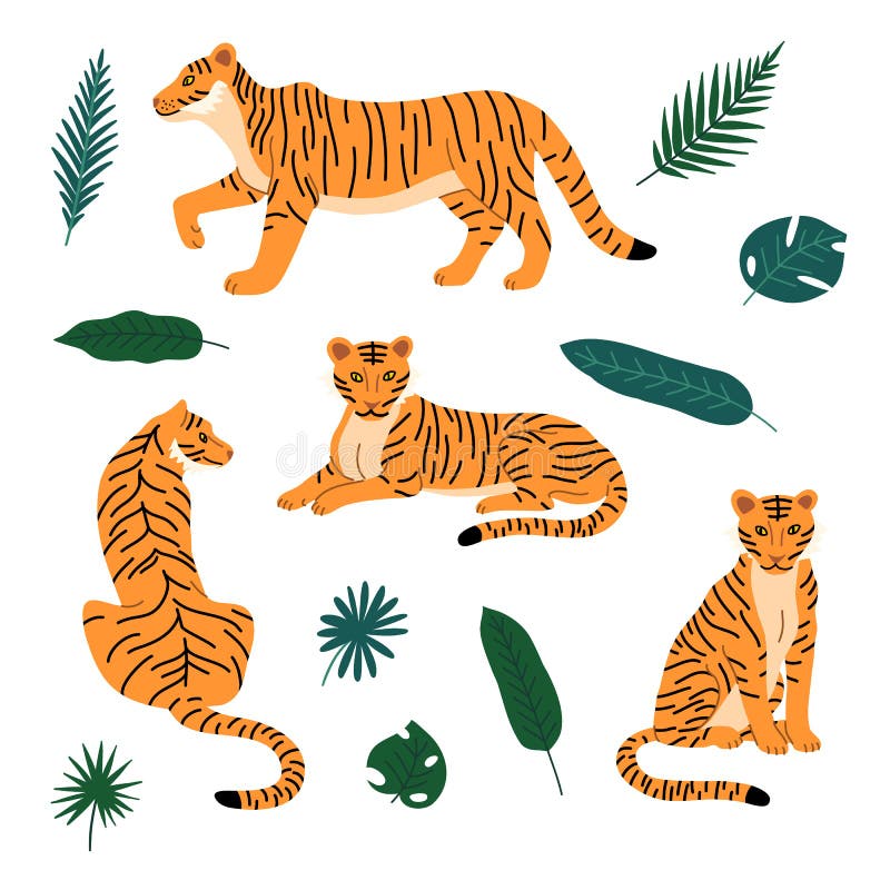 Tigres De Color De Dibujos Animados Con Hojas Tropicales Marcadas. Vector Ilustración del Vector - Ilustración de selva, palma: 231394777