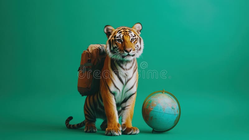 Tigru cu rucsac mic într-un mediu vibrant royalty free illustration