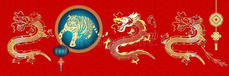 Tigrul negru pe fond roșu cu dragoni dansând în jur royalty free illustration