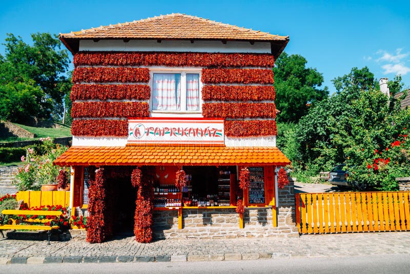 Red hot spicy chilli peppers paprika souvenir shop in Tihany, Hungary