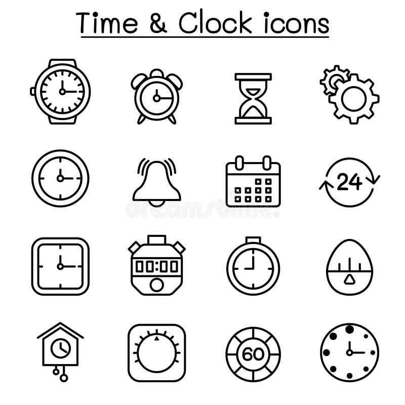 Tijd & klokpictogram dat in dunne lijnstijl wordt geplaatst royalty-vrije illustratie Tijd & klokpictogram dat in dunne lijnstijl wordt geplaatst royalty-vrije illustratie