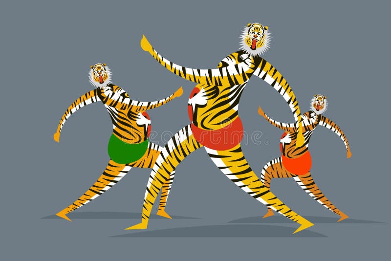Tijgerdansartiesten dansen tijdens het festival van onam in kerala indi