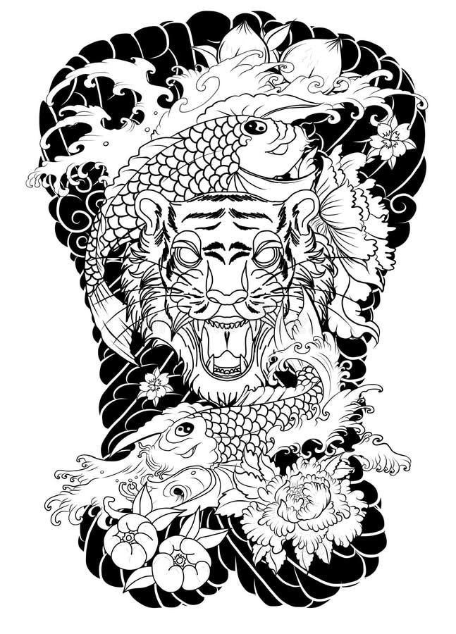 Tijgergezicht met koidraak op wolkenachtergrond Koivissen met tijger gebrultatoegering perzik met pioen en pruimbloem op wolk bac royalty-vrije illustratie Tijgergezicht met koidraak op wolkenachtergrond Koivissen met tijger gebrultatoegering perzik met pioen en pruimbloem op wolk bac royalty-vrije illustratie