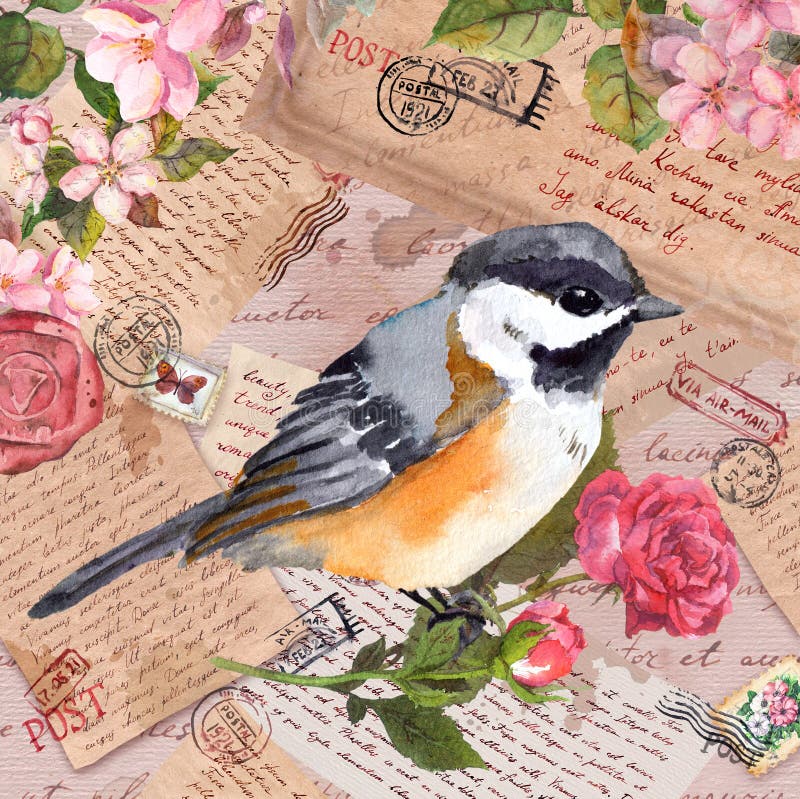 Tik bird and vintage Letters raster watercolor background