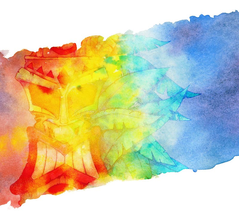 Tik statua malował w akwareli na jaskrawym akwareli tle w postaci tropikalnej roślinności ilustracji Tik statua malował w akwareli na jaskrawym akwareli tle w postaci tropikalnej roślinności ilustracji