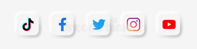 Tik Tok, facebook, twitter, instagram, youtube. - Collection of popular social media logo in neomorphism style. Neomorphism. Editorial vector illustration. Vinnitsa, Ukraine - September 14, 2020