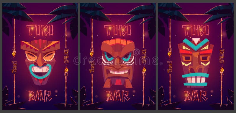 Tiki bar cartoon ad posters with tribal masks