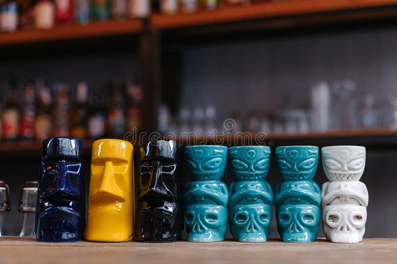 Tiki bar collection on the bar close-up