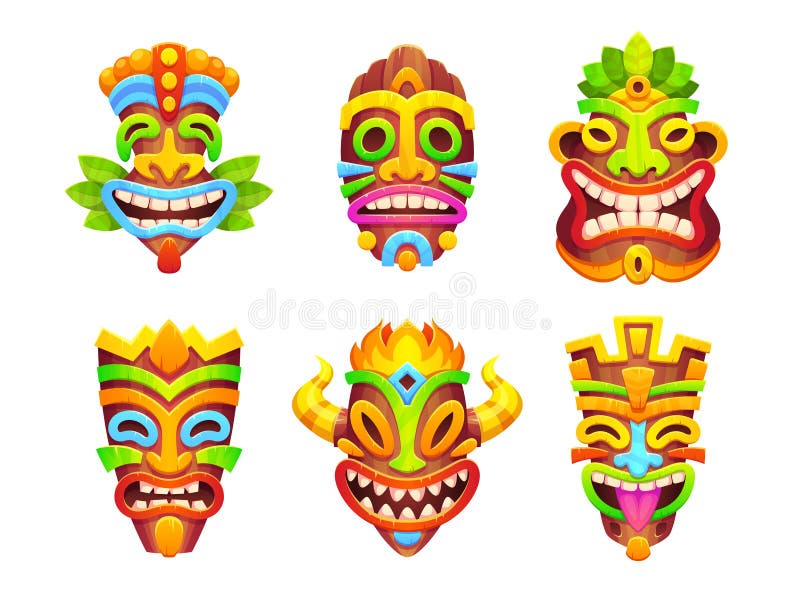 Tiki mask african totem tribal icon vector set. Tiki mask african totem tribal cartoon icon vector set. Hawaiian wood statue on white background. Isolated