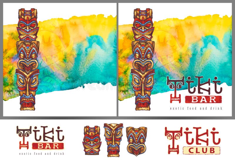 Tiki-Statue gemalt im Aquarell auf einem hellen Aquarellhintergrund in Form von tropischer Vegetation vektor abbildung Tiki-Statue gemalt im Aquarell auf einem hellen Aquarellhintergrund in Form von tropischer Vegetation vektor abbildung