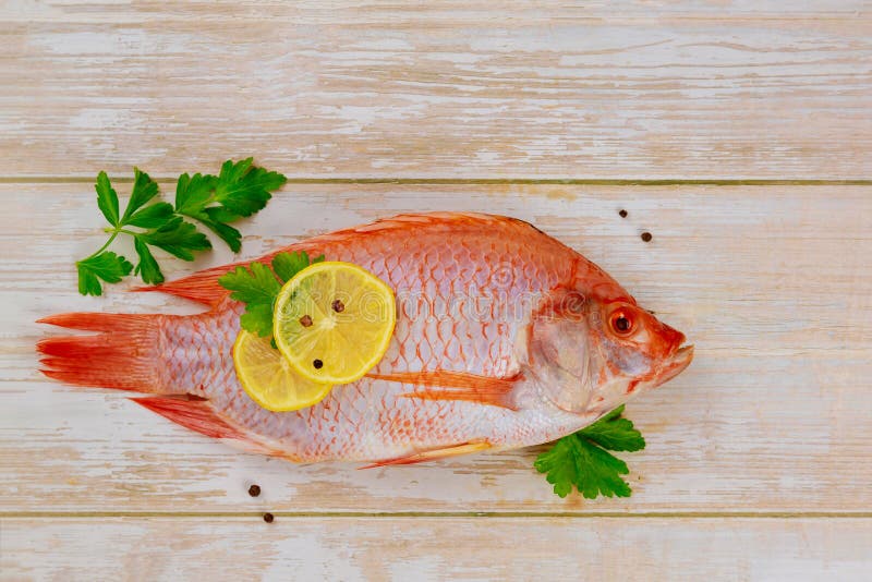 Tilapia entera fresca con especias y limón. vista superior imagen de archivo libre de regalías