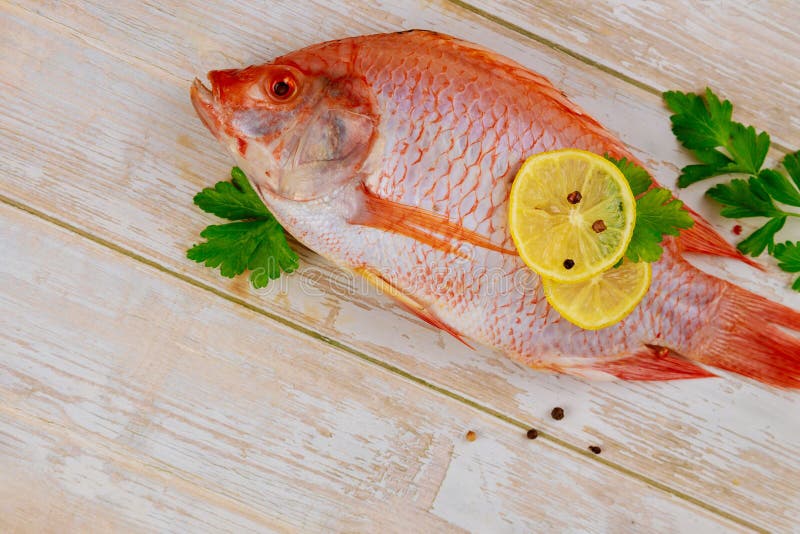 Tilapia roja cruda con hierbas y limón y lima sobre fondo de madera. vista superior imagen de archivo libre de regalías