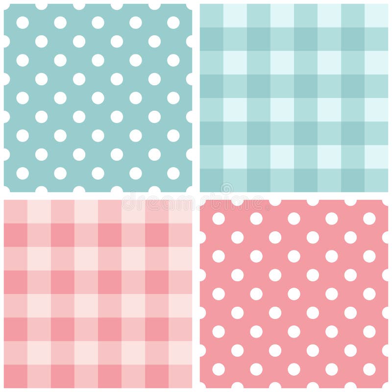 Tile baby pink and blue vector pattern set with polka dots and checkered plaid for seamless decoration wallpaper. Tile baby pink and blue vector pattern set with polka dots and checkered plaid for seamless decoration wallpaper