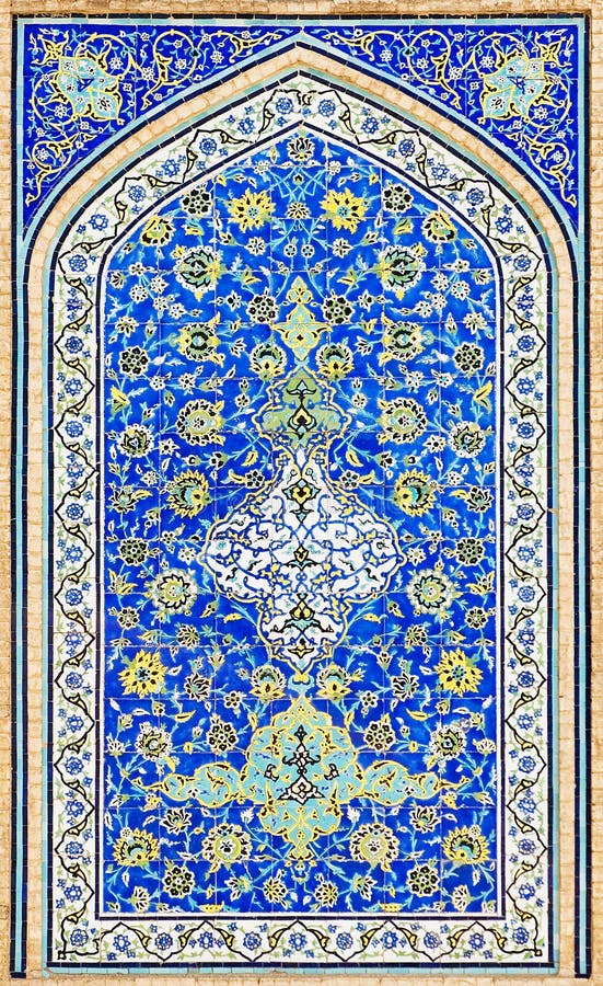 Kachlová pozadí, orientální ornamenty z Isfahánu Mešity, Írán.