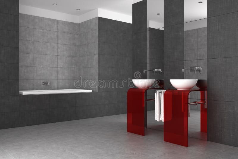 Modern tiled bathroom with double basin and bathtub