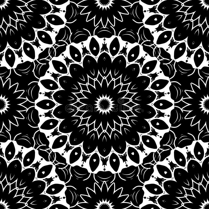 Tiled Floral Mandalas Vector Seamless Pattern. Black and White