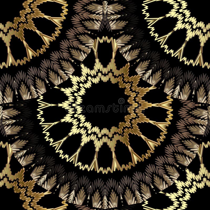 Tiled floral textured gold mandalas vector seamless pattern. Tapestry deco background. Decorative embroidery repeat