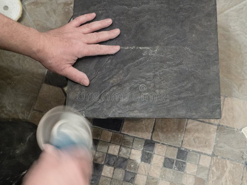 Tiler Cuts Ceramic Floor Tile with Angle Grinder Stock Image Image of