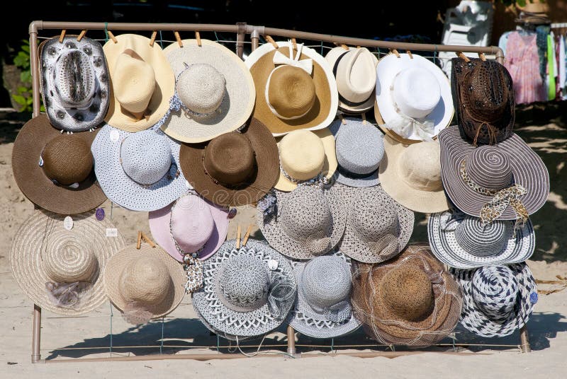 Display of various hats for sale on Trinidade beach in Rio de Janeiro, Brazil. Display of various hats for sale on Trinidade beach in Rio de Janeiro, Brazil.