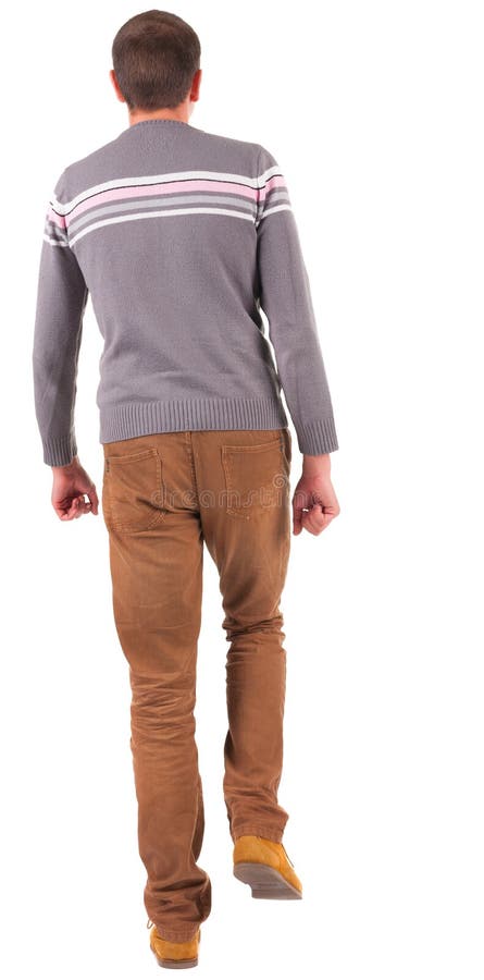 Back view of walking casual man in sweater and brown jeans. young guy in jeans and jacket goes away from camera. Rear view people collection. backside view of person. Isolated over white background. Back view of walking casual man in sweater and brown jeans. young guy in jeans and jacket goes away from camera. Rear view people collection. backside view of person. Isolated over white background.