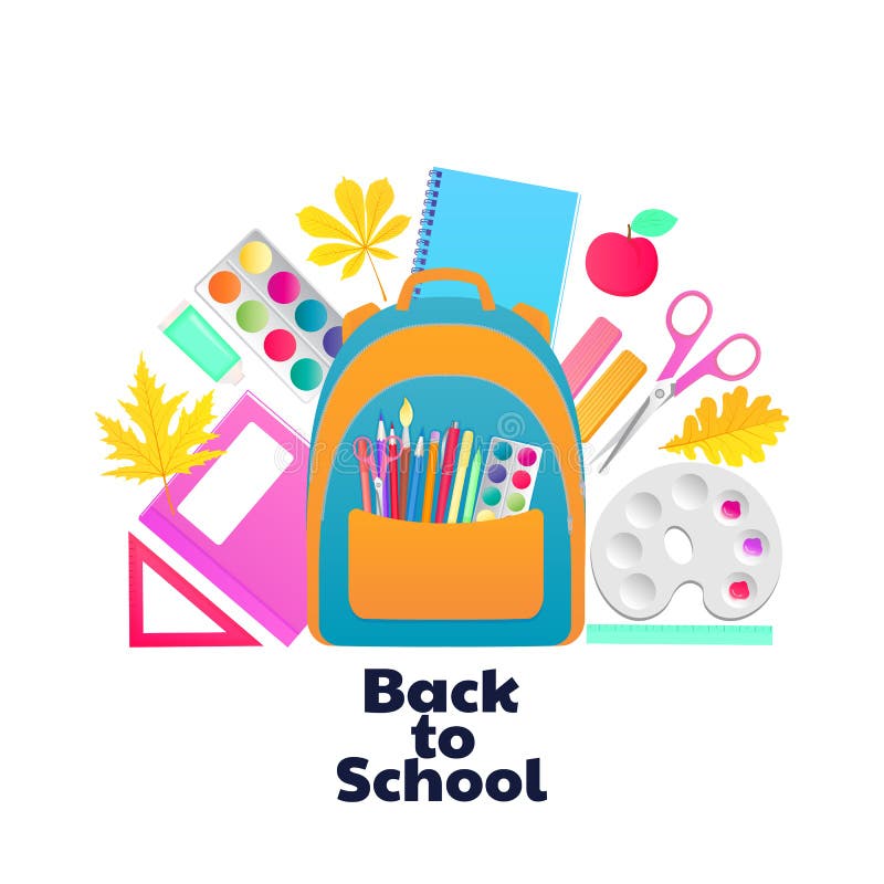 tillbaka skola till Ryggsäck- och skolbarntillförsel Brevpapper och objekt för barns kreativitet royaltyfri illustrationer tillbaka skola till Ryggsäck- och skolbarntillförsel Brevpapper och objekt för barns kreativitet royaltyfri illustrationer