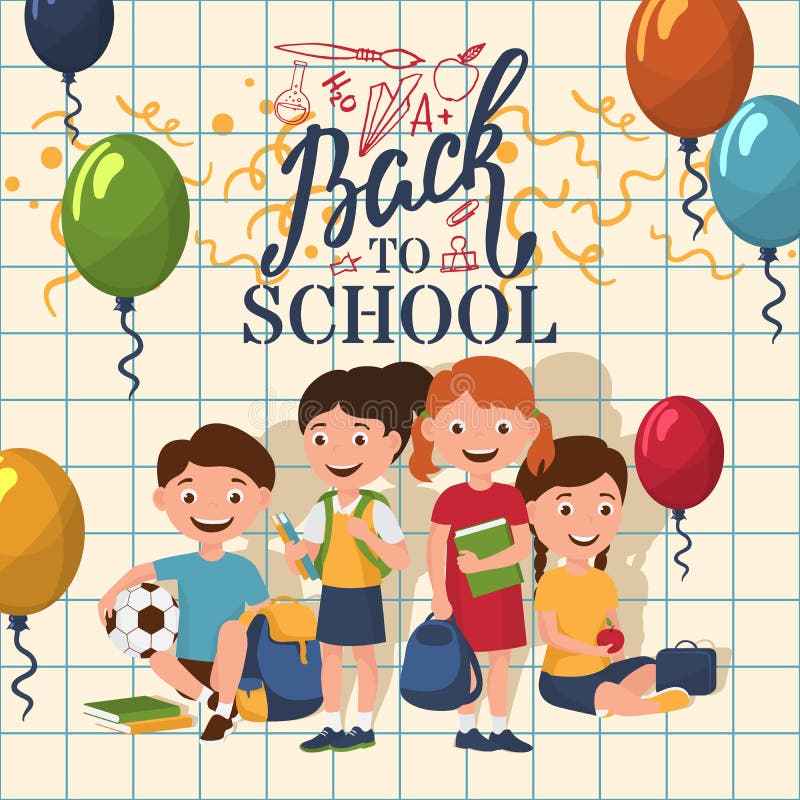 Tillbaka till för barnvektor för skola den lyckliga illustrationen Lyckliga skolaungar med ryggsäckar, böcker och färgrika baloon stock illustrationer Tillbaka till för barnvektor för skola den lyckliga illustrationen Lyckliga skolaungar med ryggsäckar, böcker och färgrika baloon stock illustrationer