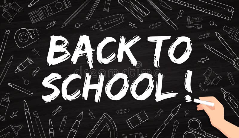 Tillbaka till skola - kontorstillf?rsel som dras med krita p? en svart tavla vektor illustrationer Tillbaka till skola - kontorstillf?rsel som dras med krita p? en svart tavla vektor illustrationer