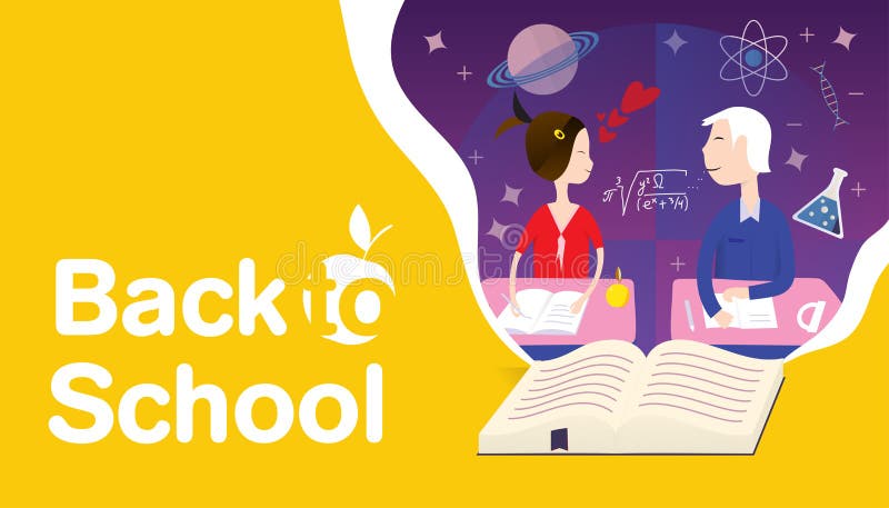 Tillbaka till skolabegreppsboken av kunskap och expertis och skolpojke och skolflicka royaltyfri illustrationer
