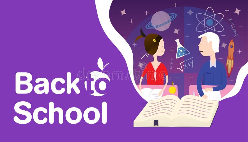 Tillbaka till skolabegreppsboken av kunskap och expertis och skolpojken och skolflickan se de stock illustrationer