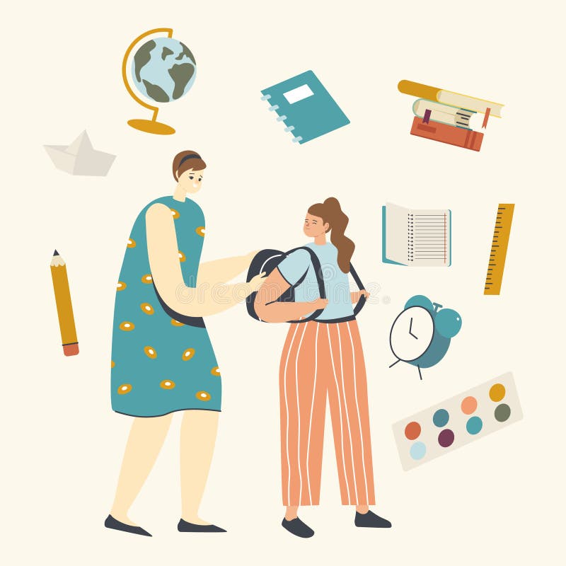 Tillbaka till skolutbildning och förberedelser för studiekonceptet. Moder-karaktär se skolflicka på lektionen på morgonen vektor illustrationer
