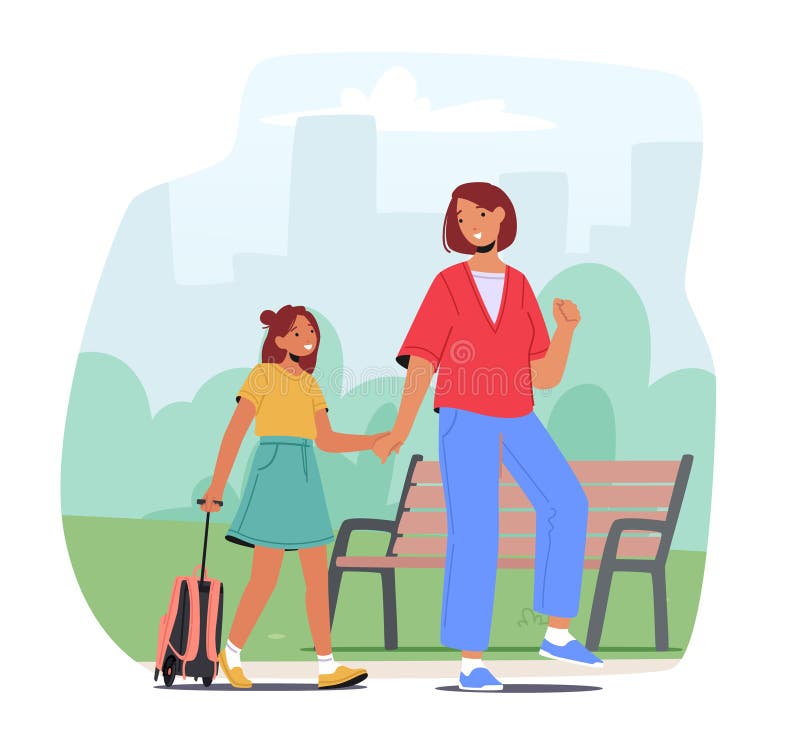 Tillbaka till skolutbildning och studiekonceptet. Moder- och skolflickefigurer som går på lektion på morgonen royaltyfri illustrationer