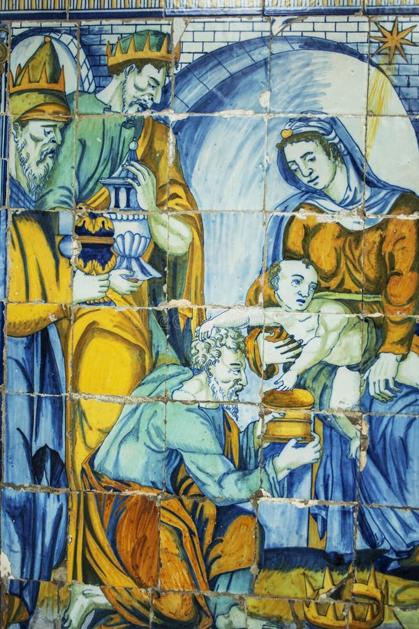 Tillbedjan av de tre vise männen, tegelplattor Basilika del Prado av Talavera de stock illustrationer Tillbedjan av de tre vise männen, tegelplattor Basilika del Prado av Talavera de stock illustrationer