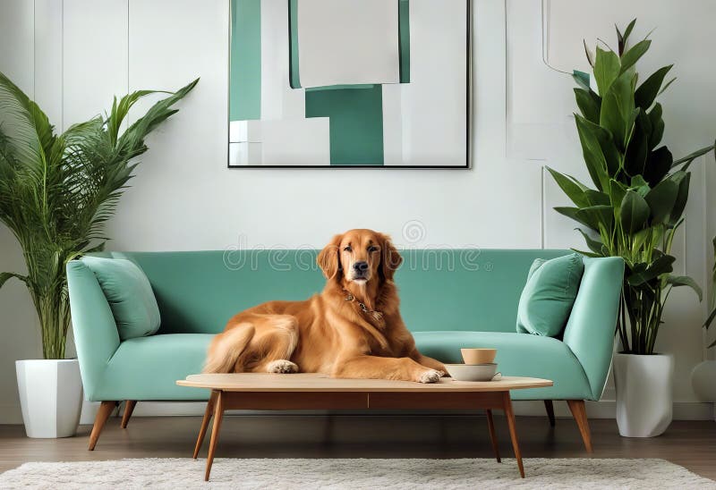 Tillbehör som bor i pdekorationsaffisch möbelt konsoldekan och planterar modern inredningsmodell elegant för hunden stock illustrationer