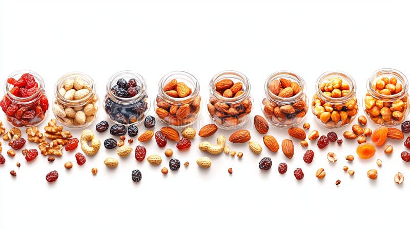 Tillsatta nötter Torkade frukter, sunt sack Matblandning Sort Jars Tillkommande frön vegan tasty pecans energy arkivfoton